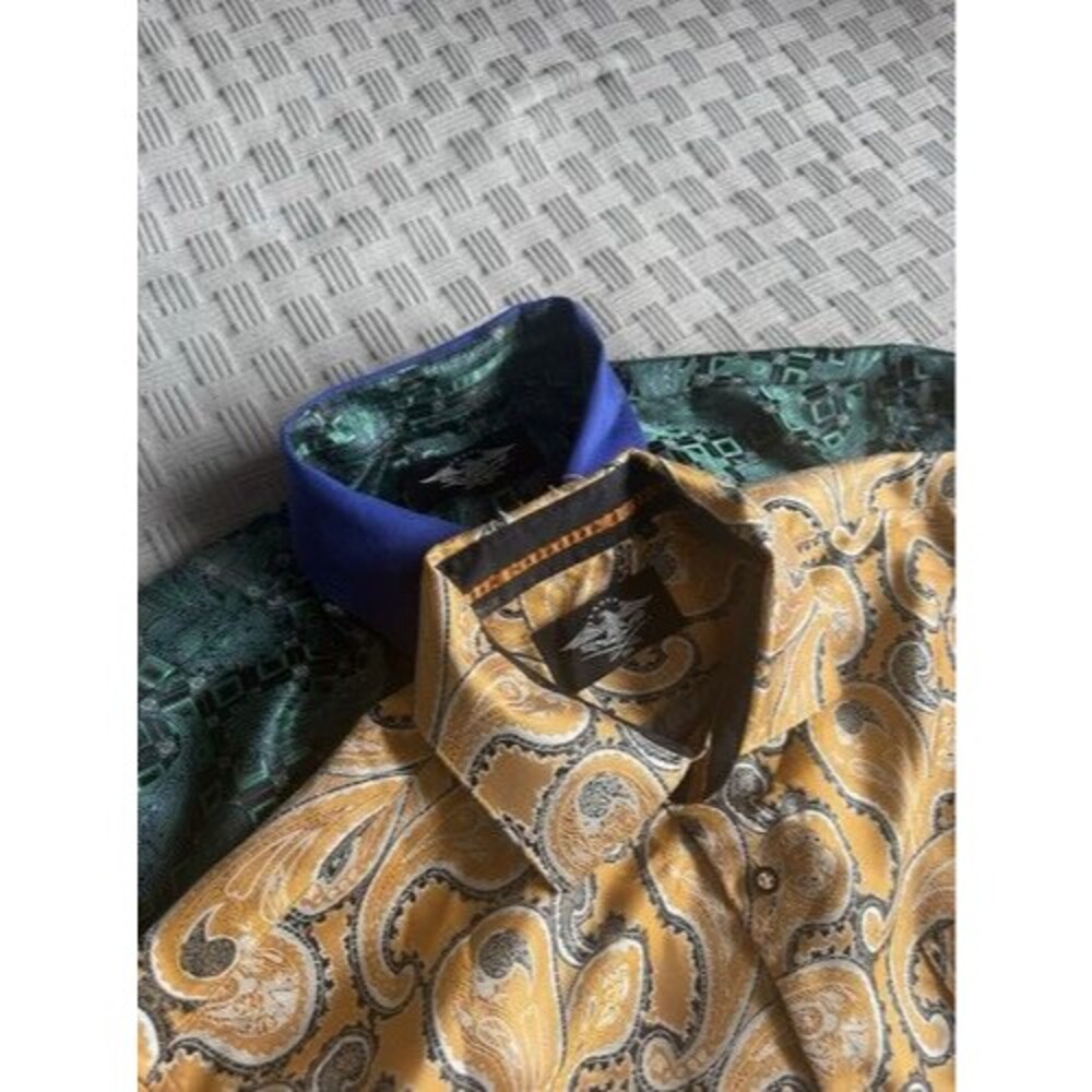 1901 El General Men XL Gold and Green Paisley Satin Western Club Shirt